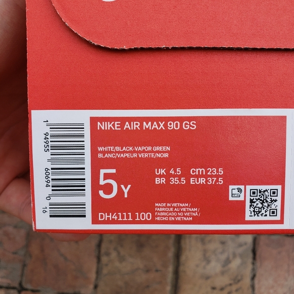 Air Max 90 White Vapor Green, Size Youth 5 - Picture 6 of 6